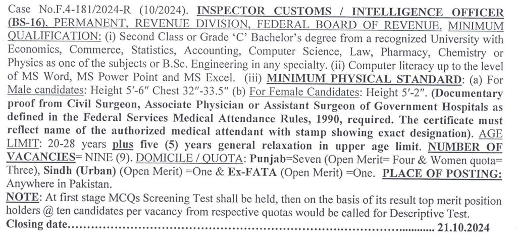 FBR Inspector Customs Jobs 2024 by FPSC – Online Apply